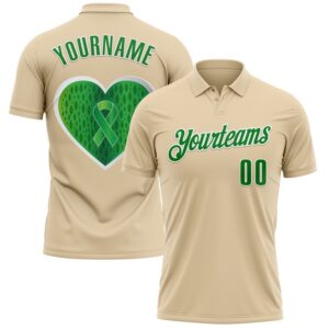 Custom City Cream Grass Green-White 3D Pattern Design Green Ribbon Liver Cancer Heart Performance Polo Shirt