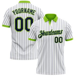 Custom White Navy Pinstripe-Neon Green Performance Polo Shirt